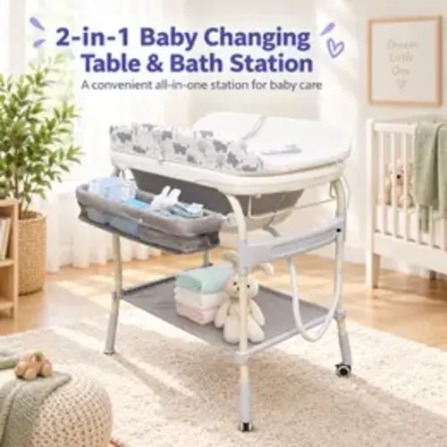 Wanan 2-In-1 Design Safety Collapsible Baby Bathtub with Changing Table - Portable Nursery Center, Steel Construction, 110 lbs Capacity, Waterproof Diaper Station, Adjustable Height Organizer with Storage Racks & Shower Holder for Newborns Toddlers - TikT