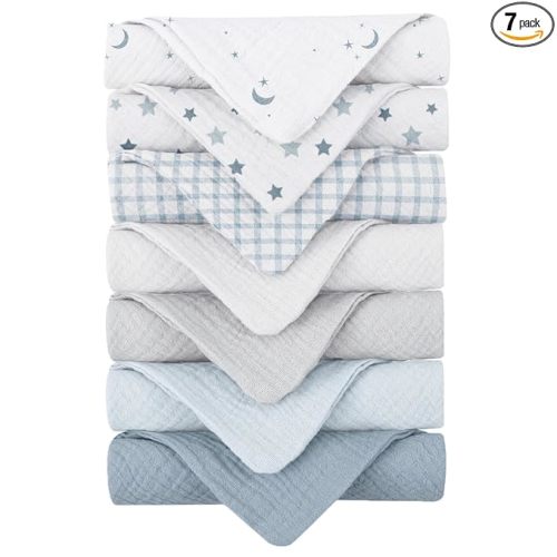 Konssy Baby Muslin Washcloths 7-Pack, 100% Cotton Baby Bath Washcloths, Soft & Absorbent Wash Cloths and Burp Cloths for Newborn Kids Girls & Boys, 11x11 inches
