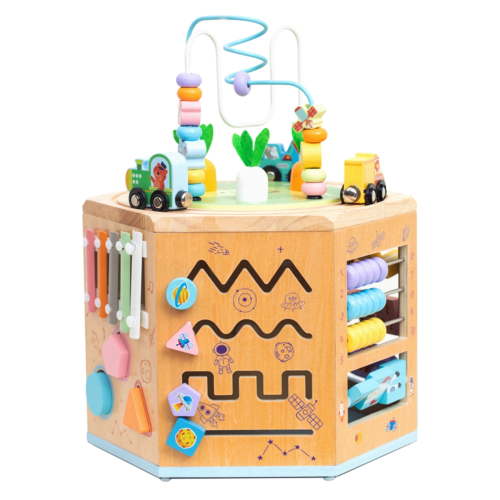 Flynow Wooden Activity Table Cube for Toddlers, 14 in 1 Montessori Activity Cube,Play Cube Toy with Educational Features, Gift Wooden Cube Toy