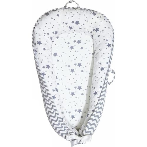 Baby Lounger | Organic Cotton Infant Lounger | Reversible, Adjustable & Portable Floor Lounger |Supervised Use | Soft, Breathable, Washable Cover - Star Collection (Gray)