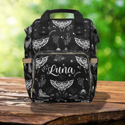 Black Moth Goth Diaper Backpack, Celestial Witchy Baby Shower Gift Idea, Insulated Travel Bottle Cooler, Boho Moms Dads New Parents