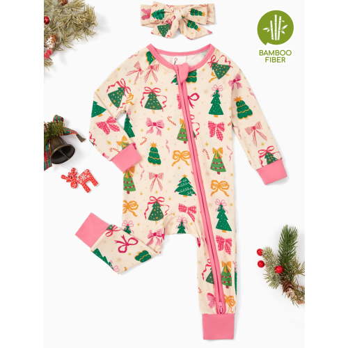 PatPat Baby Christmas Pajamas with Bamboo Viscose Baby Clothes for Girls Snug Fit Footless 2-Way Zipper Romper Baby Girl Gifts with Headbands Newborn 0-3 Months