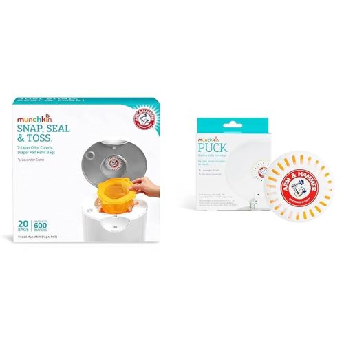 Munchkin® Refill Set for STEP™ and PAIL™ Diaper Pails - Includes 20 Arm & Hammer Snap, Seal & Toss™ Refill Bags and and 1 PUCK™ Baking Soda Cartridge