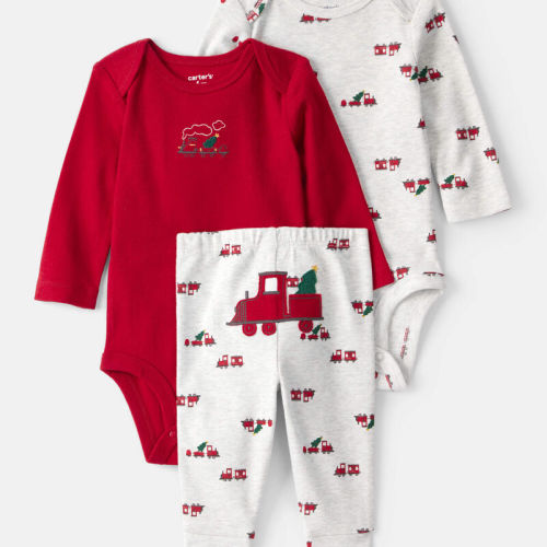 Red/White Baby Boy 3-Piece Train Print Long-Sleeve Bodysuits & Pant Set - Red | Carter’s Oshkosh Canada