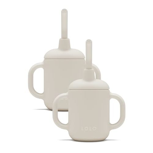 Lalo Little Cup 2-Pack, Non-Toxic Silicone Straw Cup with Handles - Baby and Toddler Sippy Cup - Mini Cup and Straw Training System, 4oz, Oatmeal