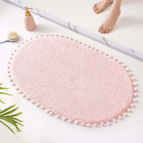 Bath Mat Blush Pink Rug with Pom Oval Bathroom Rugs for Bedroom Non Slip Cute Boho Absorbent Mats Soft Plush Washable Rug (20x30 inches)