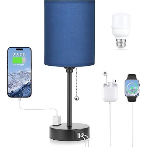Blue Table Lamps 3 Color Temperatures - 3000K 4000K 5000K Bedside Lamps with USB C and A Ports, Pull Chain Lamps for Bedrooms with AC Outlet, Nightstand Lamps with Black Metal Base for Kids Boys