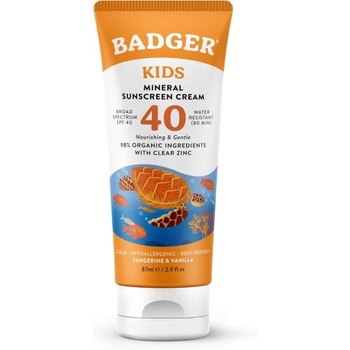 Badger Kids Mineral Sunscreen Cream SPF 40, 98% Organic Ingredients, Zinc Oxide Sunscreen for Kids Face & Body, Water Resistant, Reef Friendly, Hawaii Approved Broad Spectrum Sunblock, 2.9 fl oz
