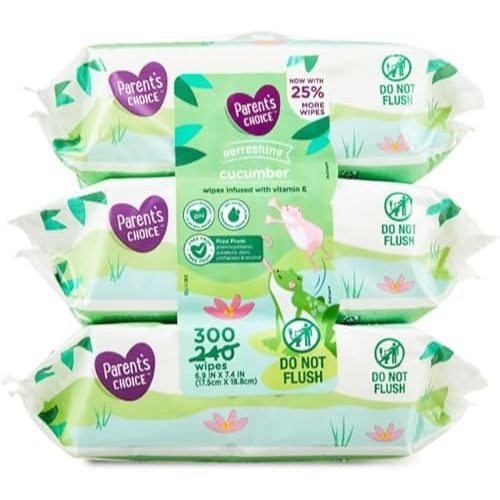 Parent's Choice Refreshing Cucumber Scent Baby Wet Wipes Infused with Vitamin E and Aloe, 300 Count (Value Pack Includes 3 100-Count Packages) - 1 Pack