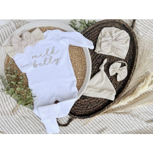 White footie with handmade bow or hat, coming home outfit, baby shower gift, milk belly