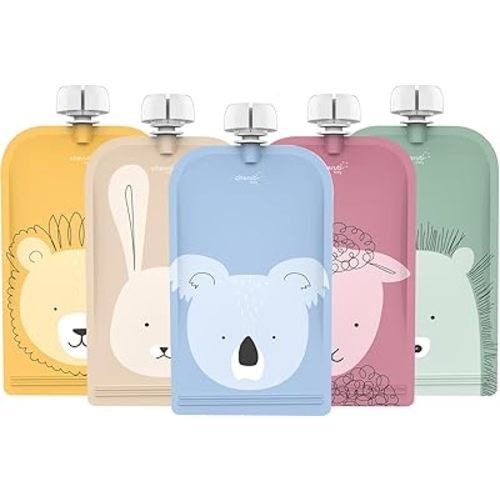 Cherub Baby Refillable Food Pouches 5 Pack 150ml Leakproof Freezer Safe BPA-Free Squeeze Bags for Toddler Baby Snacks Reusable Easy Fillable Animal Printed Pouch for Homemade Smoothies Purees Yoghurt