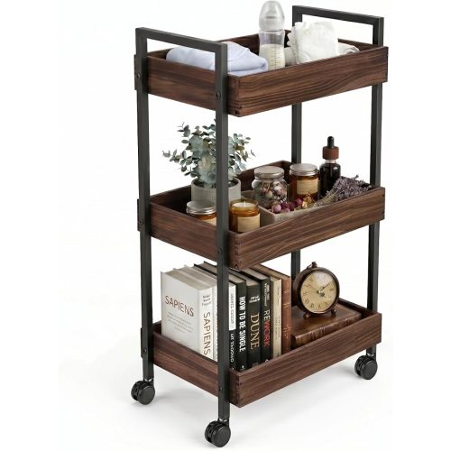 3-Tier Wooden Rolling Utility Cart with Metal Handle, Mobile Organizer Trolley with 4 Lockable Wheels, Multifunctional Storage Cart for Kitchen, Nursery, Classroom, Living Room, Office, Brown
