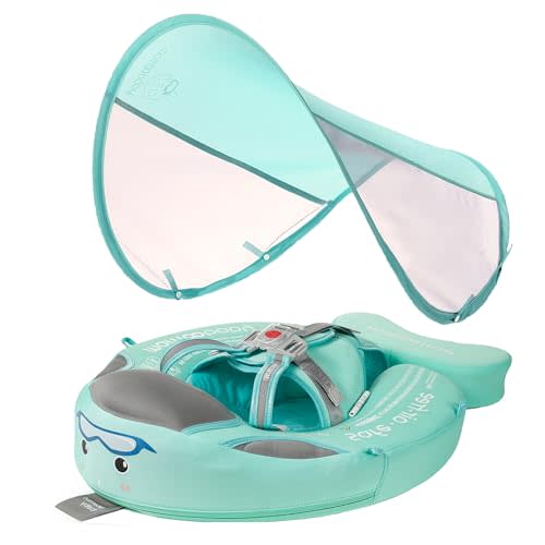 Mambobaby Float Baby Float with Canopy Non Inflatable Baby Pool Float Upgraded Tail Infant Swim Trainer Water Float for Toddler Infant 3-24 Months No Flip Over, Green