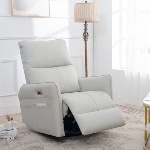 270 Degree Swivel Upholstered Rocking Recliner Chair with USB Ports, Power Swivel Glider, Light Gray, 4W-ModernLuxe