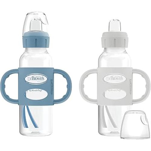 Dr. Brown's Milestones Narrow Sippy Spout Bottle with 100% Silicone Handles, Easy-Grip Handles with Soft Sippy Spout, 8oz/250mL, Light-Blue & Gray, 2-Pack, 6m+
