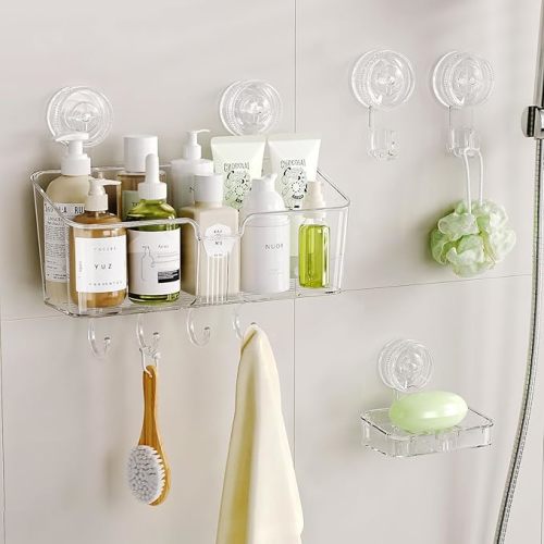 LUXEAR Shower Caddy Suction Cup, No Drilling Strong Hold Shower Organizer with Hooks & Soap Dish Fast Draining Removable Reusable Bathroom Storage Shelf Friendly for Bathroom/Kitchen/RV 22LBS Capacity