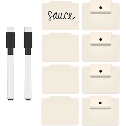 Trohestar Metal Basket Bin Label Clip on Removable Basket Label Pantry Basket Label Clip with Chalk Markers for Storage Fabric Bin Basket Box 8 Cream Holders + 2 Blue Chalk Makers (8 Holders, Cream)