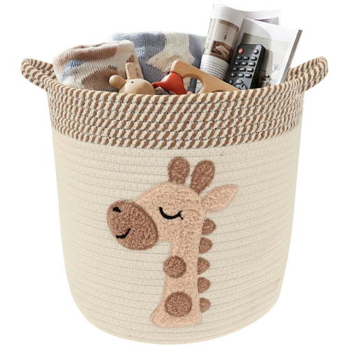 FKSZLL Blanket Basket for Living Room Decor Cotton Rope Toy Storage Basket for Kid Dog Toy Organizer Clothes Hamper with Embroidery Decor for Nursery Laundry (Giraffe)
