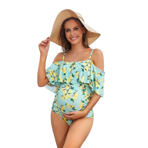 LIORA Women Off-Shoulder Maternity Swimsuits Flounce Floral One Piece Bathing Suits, Green