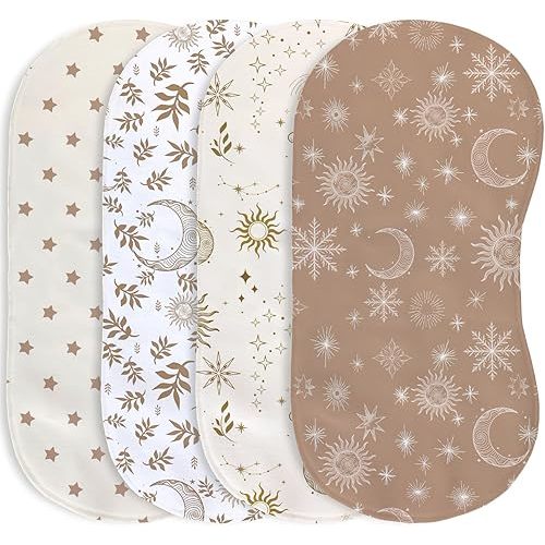 4 Pack Baby Burp Cloths, Soft Muslin Cotton Boho Star Moon Print Burp Cloths, Super Absorbent Washcloths Infants Burping Cloth Set for Newborns Baby Boy Girl Essentials