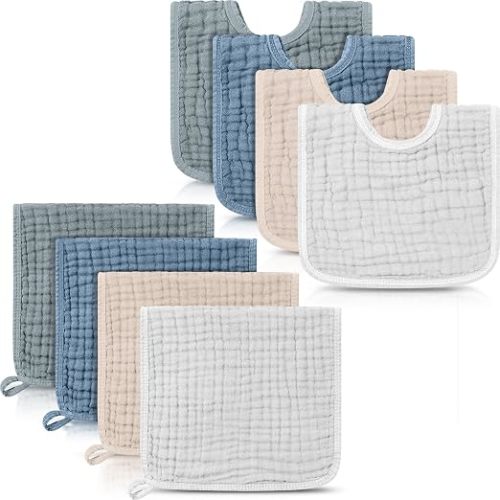 8 Pack Muslin Burp Cloths and Baby Bibs for Boy Girls, Light Blue