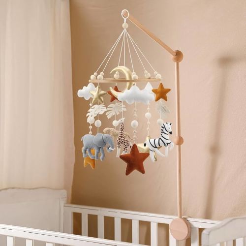 Safari Mobile for Crib - A Handmade Gender Neutral Safari Crib Mobile with Gold Stars and Clouds for a Jungle Theme Nursery