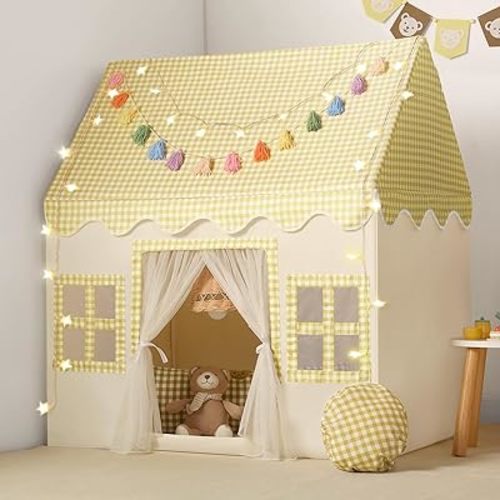 Tienda de campaña para niños en interiores: alfombrilla, guirnalda de borlas, luces de estrella - Tienda de campaña de casa de juegos a cuadros amarilla para niños pequeños, juguetes para