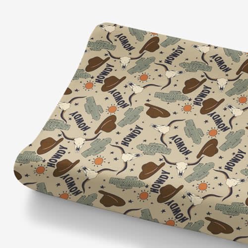 Western Cowboy Howdy Hat Cactus Changing Pad Cover for Baby Boys, Boho Wild West Cow Lover Sun Star Diaper Change Table Covers, Soft Stretchy Safe Snug Fitted Changing Mat Sheets Fit 32"/34" x 16"