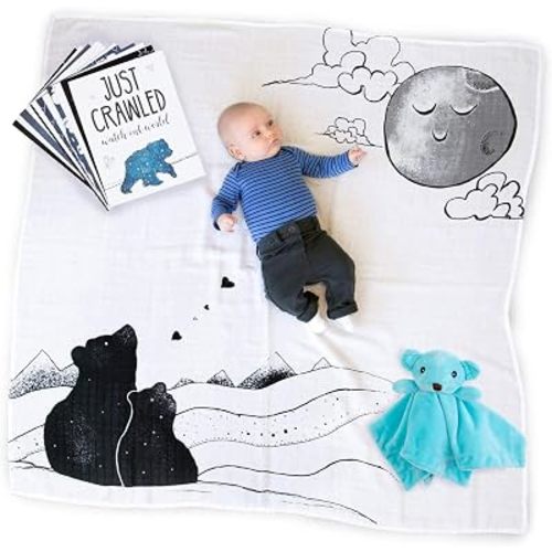JumpOff Jo - Baby Bundle: Baby Swaddle Blanket & 24 Milestone Cards - Photoshoot Props, Soft Breathable Baby Blanket, 47" x 47" (Bear Blue)