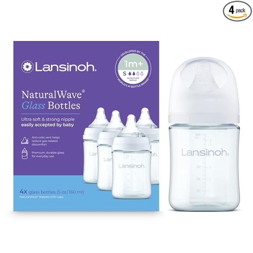 Lansinoh Glass Baby Bottles, Anti-Colic, White, 5oz, 4 Count, with Slow Flow Nipples (Size S, 1-3 Months), Baby Feeding Essentials