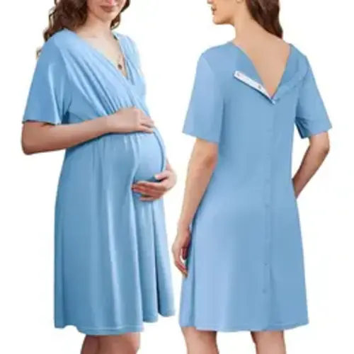 Ekouaer Women's Maternity Clothing, Stretchy V-Neck Labor and Delivery Gown for Pregnancy with Nursing Access and Split Front, Postpartum, Women's Clothes, Momlife, Dress, Polyester Blend, Ready For Birth, Hospital, Elastic Waist Adapts To You, Button Bac