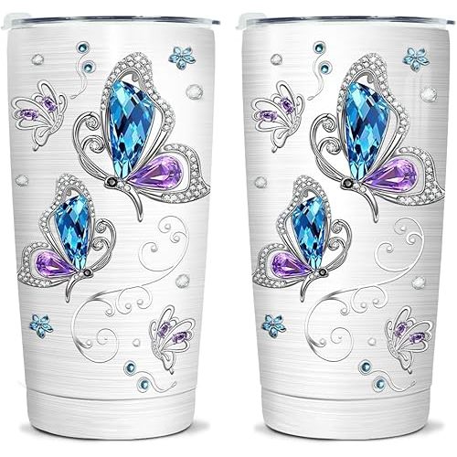 Wassmin Butterfly Tumbler Butterflies Gift For Women Girls Teen Jewelry Drawing Style Stainless Steel Insulated Tumblers Coffee Travel Mug Cup 20oz With Lid Birthday Christmas Presents