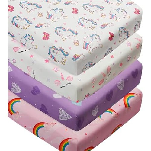 4 Pack Soft Baby Girl Crib Sheets for Standard Crib Mattress Unicron Rainbow Heart Cute Neutral Polyester Unisex Fitted Crib Sheets Set for Baby Girls