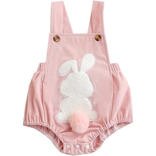 Newborn Baby Boy Girl Easter Outfit Embroider Bunny Sleeveless Ribbed Romper Infant Easters Clothes Outfits 3M 6M