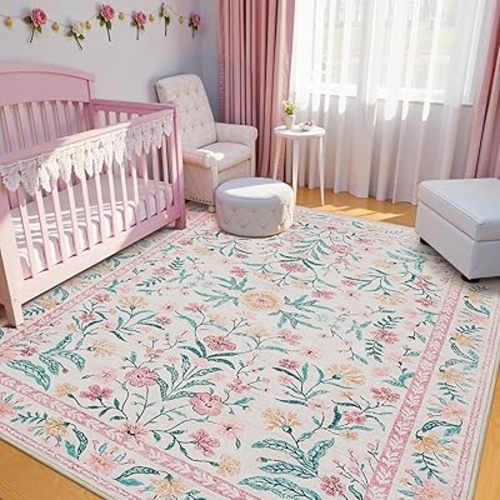 5x7 Nursery Rug,Pink Rugs for Bedroom Girls,Machine Washable Non Slip Soft Faux Wool Carpet,Boho Floral Area Rugs for Living Room Bedroom Dorm Kids