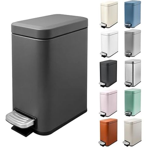 1.3 Gallon Slim Small Trash Can with Lid Soft Close, Stainless Steel Garbage Can for Bathroom Bedroom Office, Rectangular Step Trash Bin with Removable Inner Waste Basket (Platinum Gray)