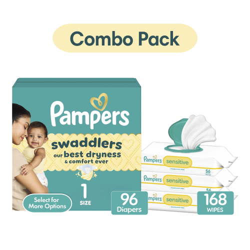 Pampers Swaddlers Diapers Size 1, 96 Count & Sensitive Wipes, 168 Count Bundle (Select for More Options)
