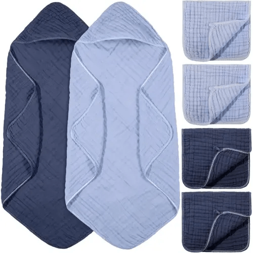 VitalCozy 6 Pcs Baby Muslin Hooded Bath Towels and Washcloths Muslin Cotton Hooded Baby Towels Absorbent Blankets for Gift Newborn Infant Shower (32 x 32 Inch,Dark Blue,Light Blue)