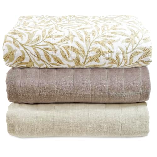 MOZAH Organic Muslin Swaddle Blankets - Brown, Beige, and Beige Leaves - 3 Pack - for Baby Boy or Girl - Ideal for Newborns, Toddlers & Registry Essentials