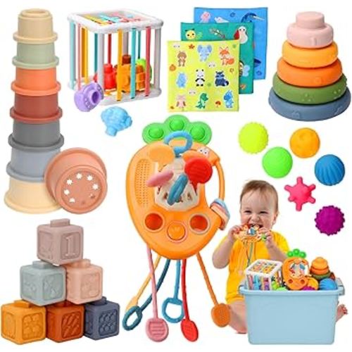 Baby Toys 6 to12 Months, 7 in-1 Montessori Toy for 6-9-12-18 Month Old with Pull String Toy, Sensory Bin Toys, Stacking Baby Blocks & Soft Infant Ring & Sensory Ball, Stacking Cups for Toddler 1-3Gift