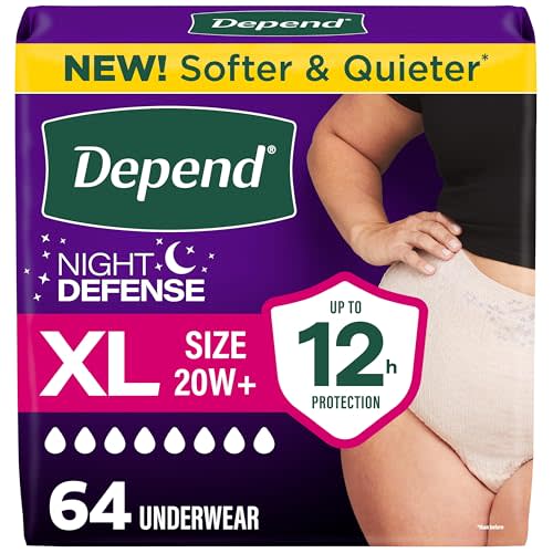 Depend Night Defense Adult Diapers, Incontinence & Postpartum Bladder Leak Underwear for Women, Disposable, Overnight, XL, Blush, 64 Count, Packaging May Vary