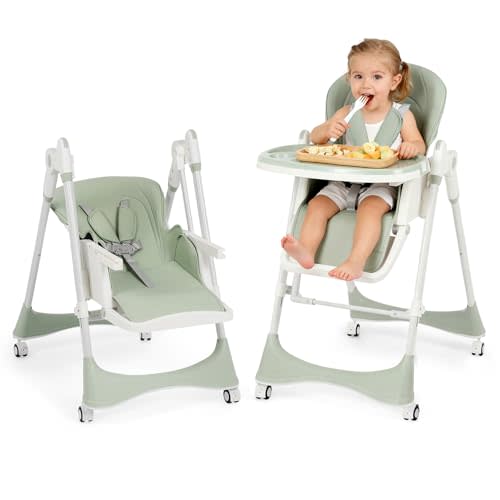 3-in-1 Baby High Chair with Soothing Rocker | Convertible Baby High Chair for babies and Toddlers | Brake Wheels, Easy Clean, Space Saving | Adjustable, Removable Tray (Green)