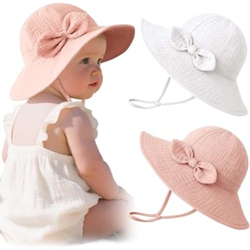 Konssy 2-Pack Muslin Baby Sun Hats for Girls with Bows, UPF 50+ | 100% Cotton, Sun Protection, Baby Bucket Hat, Adjustable Chin Strap, for Newborn &Infant, 0-6& 6-12 Months
