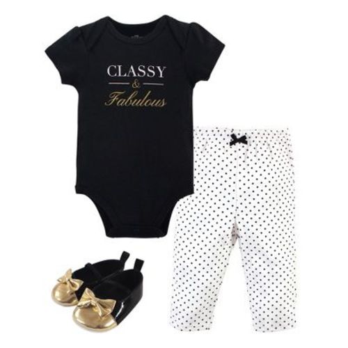 Little Treasure Baby Girl Cotton Bodysuit, Pant and Shoe 3pc Set, Classy, 9-12 Months