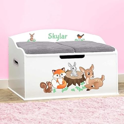 DIBSIES Personalized Creative Wonders Toy Box, Woodland Creatures, 30 x 19.25 x 18 inches, Soft-Close Lid (White)