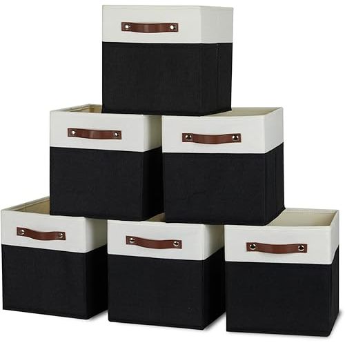 Temary Cube Storage Bins 6PCs Collapsible Storage Cubes 10.5 x 10.5 Cube Storage Baskets with Handles, Fabric Cube Storage Organizer Bins for Home (White&Black)