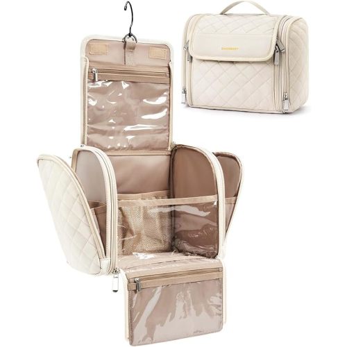 BAGSMART Toiletry Bag Travel Makeup Bag with Hanging Hook, Cosmetic Bag Make Organizer Case, Large Capacity Water-resistant Organizer for Toiletries Accessories Brushes Sponge, Beige