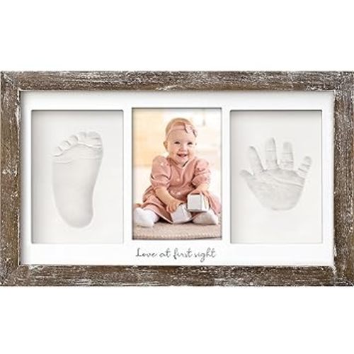 Baby Hand and Footprint Kit - Clay Handprint Keepsake Frame, Newborn Nursery Picture Frame, Personalized New Mom Gifts for Baby Shower & Registry (Barnwood)