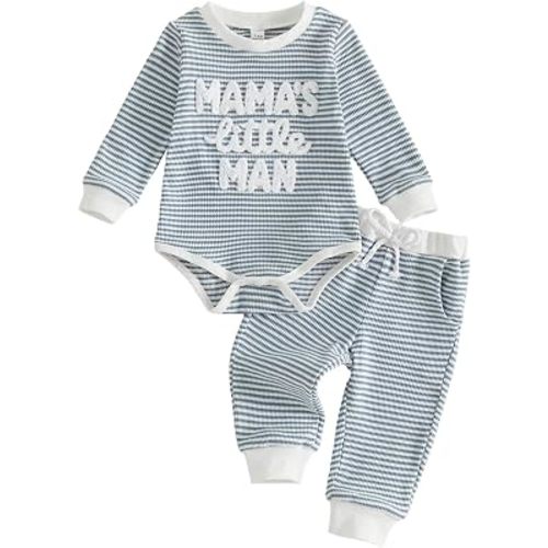 KMBANGI Waffle Knit Baby Boy Clothes Letters Embroidered Romper Pants Set