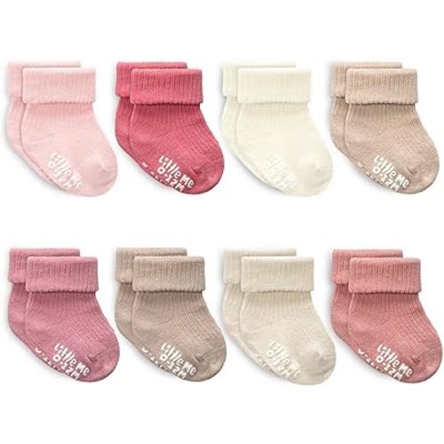 Little Me Baby Socks 16 Pairs | 61% Organic Cotton | Sizes 0-12M & 12-24M | Seamless Toe & Anti-Slip Gripper Sole